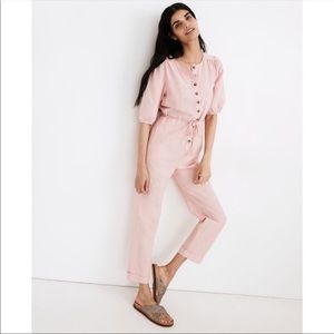 Madewell linen-blend puff-sleeve tassel-tie jumpsuit in light pink. Brand new.